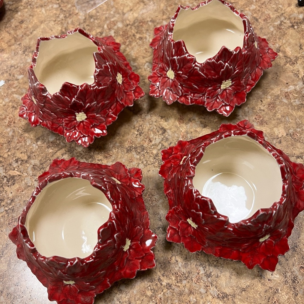 4 Handmade Ceramic Poinsettia Christmas Votive Candle Holders